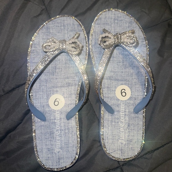 Juicy Couture Shoes - Juicy Couture Denim and Silver Flip Flops